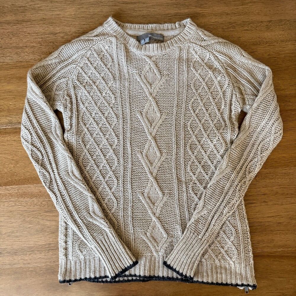 360 Sweater Women XS Cable Knit Sweater Cashmere Angora Lambswool Side Zip Beige